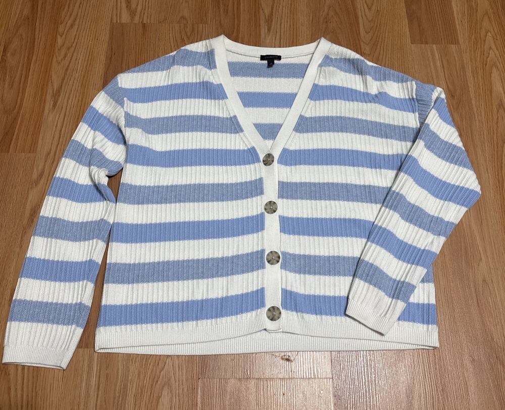 Talbots Blue & White Striped Ribbed V-Neck Button Cardigan Sweater Size Medium